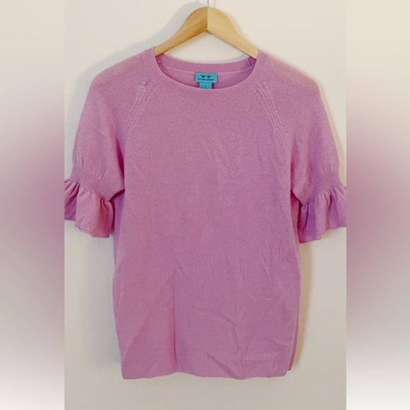 Two Bees Cashmere Purple Pink Sweater Short Ruffle Sleeve Top Womens Large - Picture 8 of 10